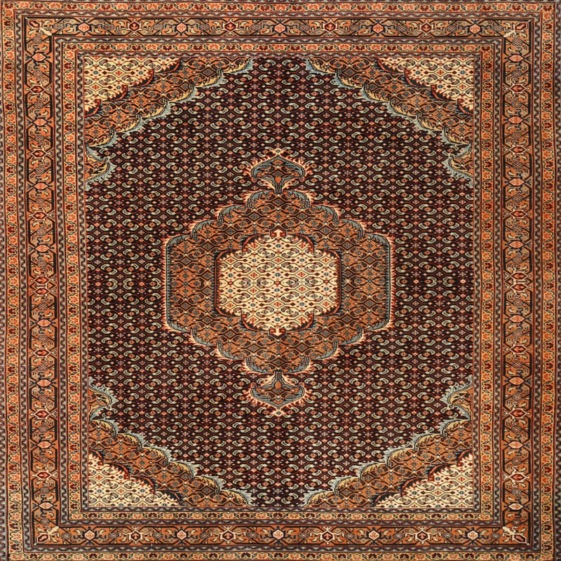 Tapis oriental brun / jaune, Carré 7 pi