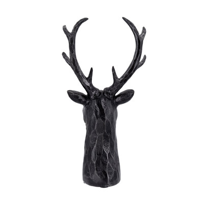 Cadie 8-Point Deer Head Sculpture, Carved Details, Black Resin 11 Inch