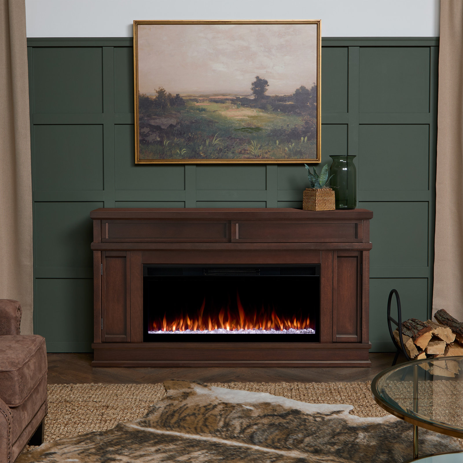 Torrey Landscape Electric Fireplace TV Stand, Dark Walnut, Smart