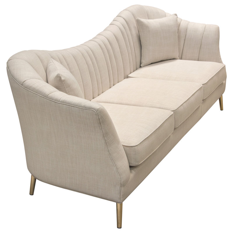 Sand Linen Tufted Sofa with Gold Metal Legs and Round Arms