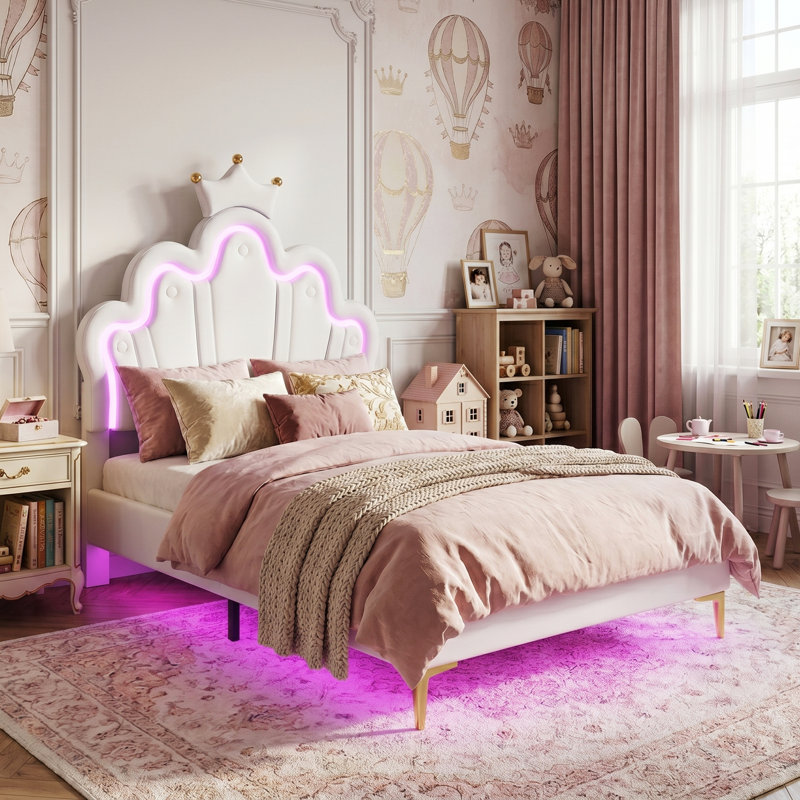 Multi-Sizes Upholstered Princess Bed With Dual-Zone Led, PU Leather Height-Adjustable Headboard, Pink/White (90x190, 90x200, 140x200)