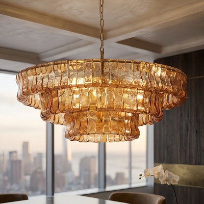9-Light 32"W Polished Brass Modern Tired Chandelier with Hand-Blown Amber Glass for Dining Room or Living Room