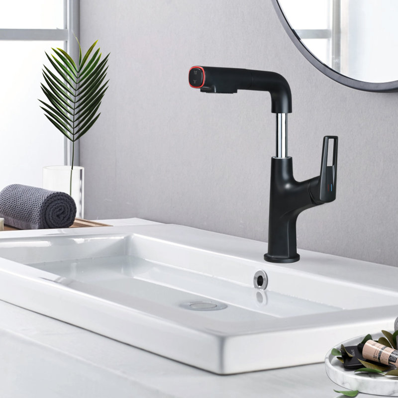 Robinet de vasque rétractable noir mat - Robinet de lavabo de salle de bain à un trou avec bec relevable et modes de jet doubles