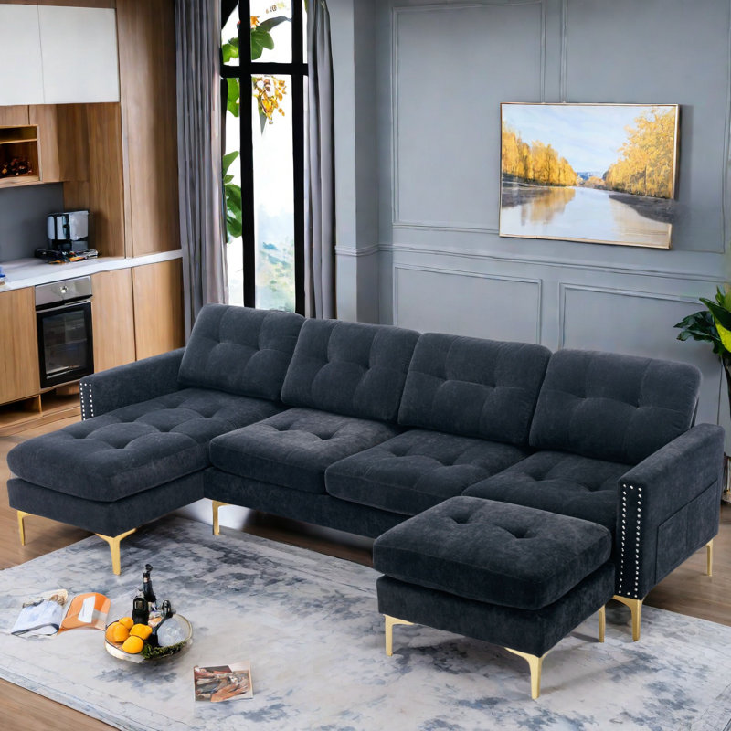 Canapé modulaire 4 pièces Hanika, Velours noir