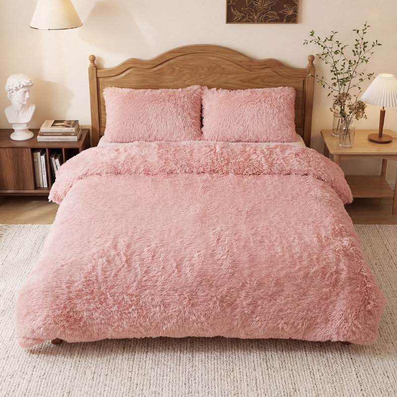 Polyester Solid Colour Duvet Cover Set, King Duvet Cover + 2 Standard Pillowcases, Pink