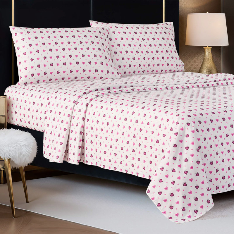 Baby Phat Printed Microfiber Sheet Set, Queen, Hearts with Crowns - White