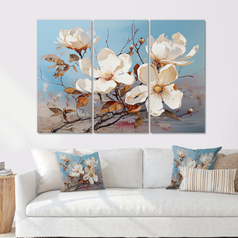 Ensemble de décorations murales fleurs blanches et bleues Magnolias, H 28 po x l 36 po x P 1 po
