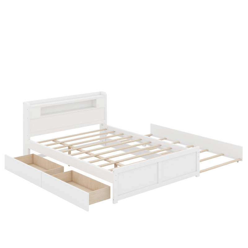 Grand lit plateforme en bois avec rangement à DEL, 2 tiroirs et 1 lit gigogne simple, Blanc