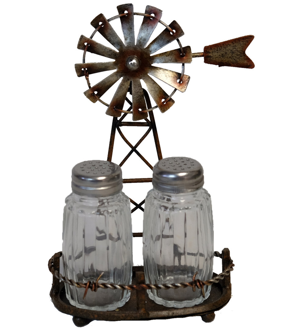 Rustic Country Farmhouse Distressed Brown Metal Spinning Windmill Salt and Pepper Shaker Holder Set De Leon Collections