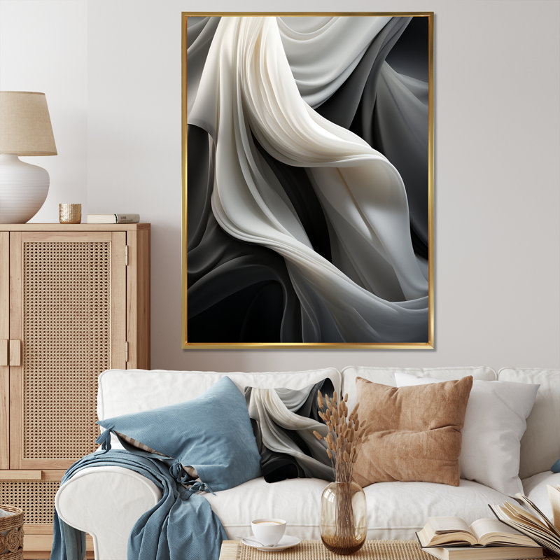 Gris, apaisant, ombres III, art mural abstrait, Cadre flottant doré, H 40 po x l 30 po x P 1,5 po