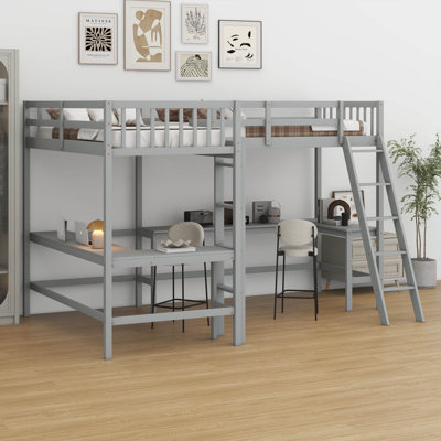 Wood Twin Size Loft Bed With Ladder, L-Shaped Loft Bed With 2 L-Shaped Desks