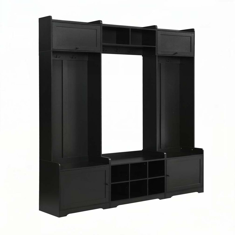 79.1"Wide Modern Hall Tree with Shoe Storage, 8 Cubbies, 7 Coat Hooks & Adjustable Shelf, Black