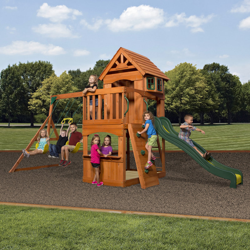 Atlantis Cedar Wood Swing Set with Green Slide and Clubhouse