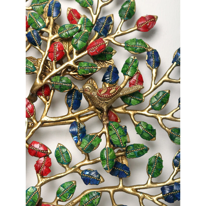 Arbre de vie, art mural en métal - grande décoration murale en laiton faite à la main 27 po avec incrustations d'oiseaux colorés, sculpture murale 3D pour le salon