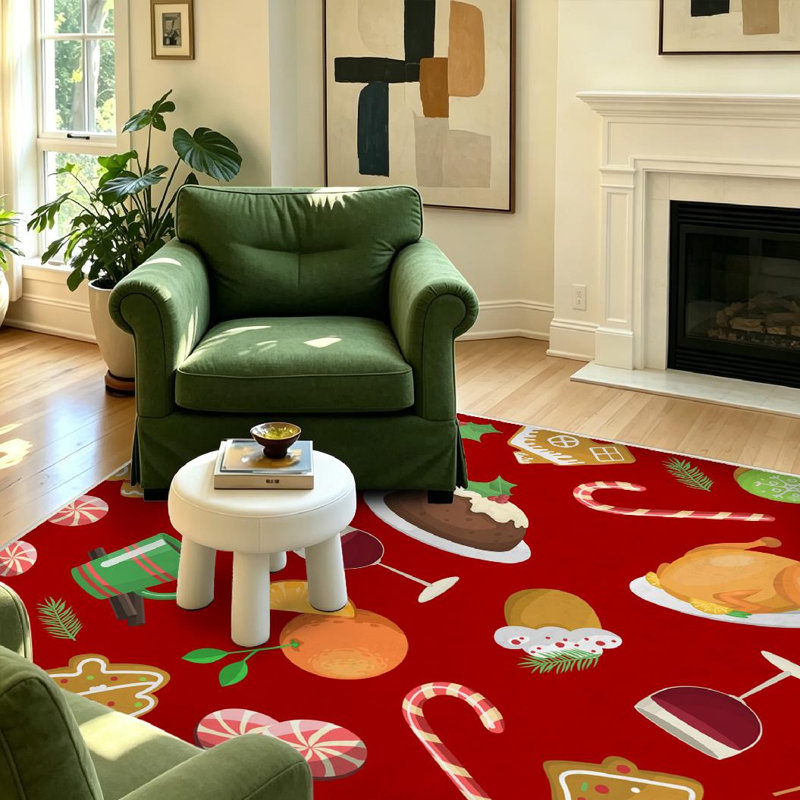 Tapis d'intérieur rouge à motif d'aliments de Noël lavables à la machine, Rectangle 39 po x 63 po