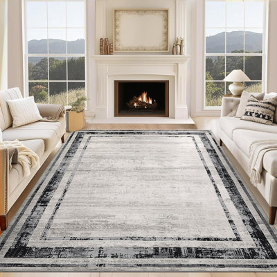 Washable Modern Distressed Edge Thin Indoor Rug, Low Pile Area Rug with Stain Resistant Surface, Non Slip Backing & Easy Clean for Living Room, Bedroom, Home Office, Entryway