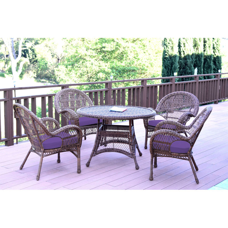 Mangum 4 - Person Wicker Patio Dining Set with Round Table, Blue, Honey
