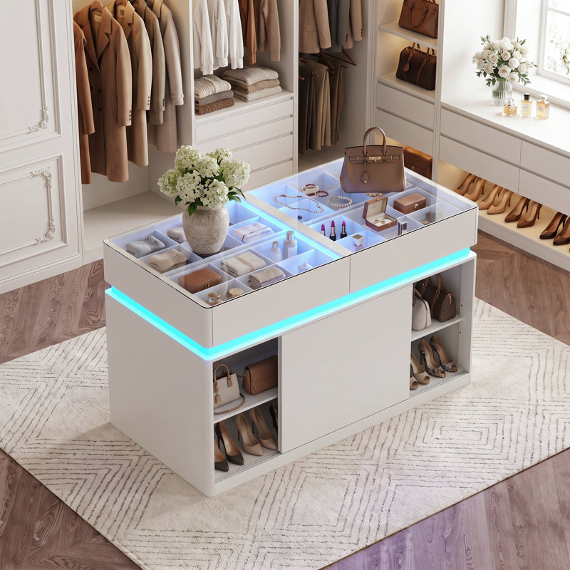 Commode à 10 tiroirs avec plateau en verre et double espace de rangement