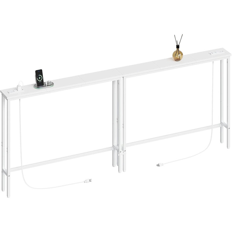 2 Pack 5.9" Narrow Console Sofa Table With Power Outlets, Total 78.8” Long Behind Couch Table With Charge Station And 5.9’ Extension Cord For Living Room, 5.9" D X 78.8”W X 29.5”H, White