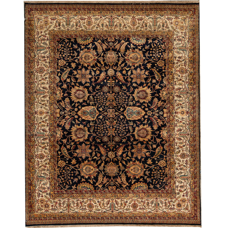 Tapis bleu et crème noué à la main de haute qualité