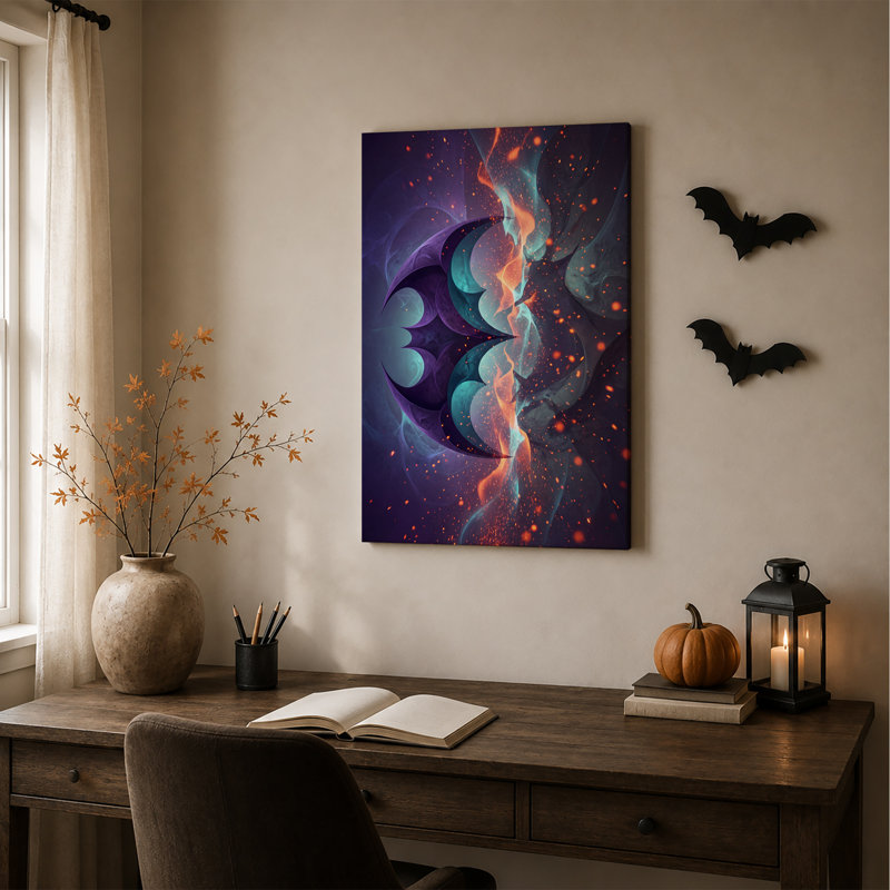 Toile murale d'Halloween avec des tourbillons abstraits violets et turquoise et des touches d'orange, 30"H x 20"W