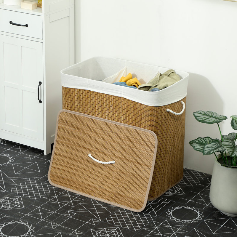 HOMCOM 144L Laundry Basket with Lid 2 Section Laundry Hamper Brown