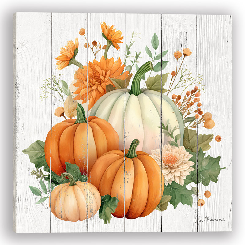 Pumpkin Bouquet with Fall Florals Wrapped Canvas Wall Art, 40" H x 40" W