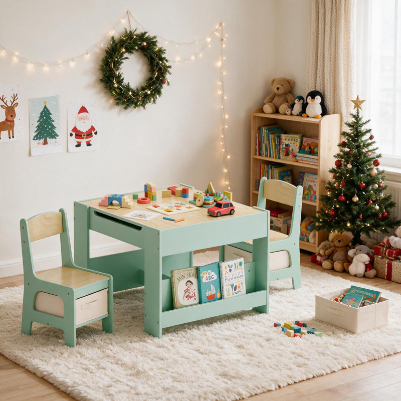 Kids Table And Chairs Set, 4 In 1 Toddler Art Desk With Storage Drawer, Wooden Activity Deskboard, Blackboard, Reversible & Detachable Tabletop, Bookshelf For Drawing, Playing, Learning(Green)