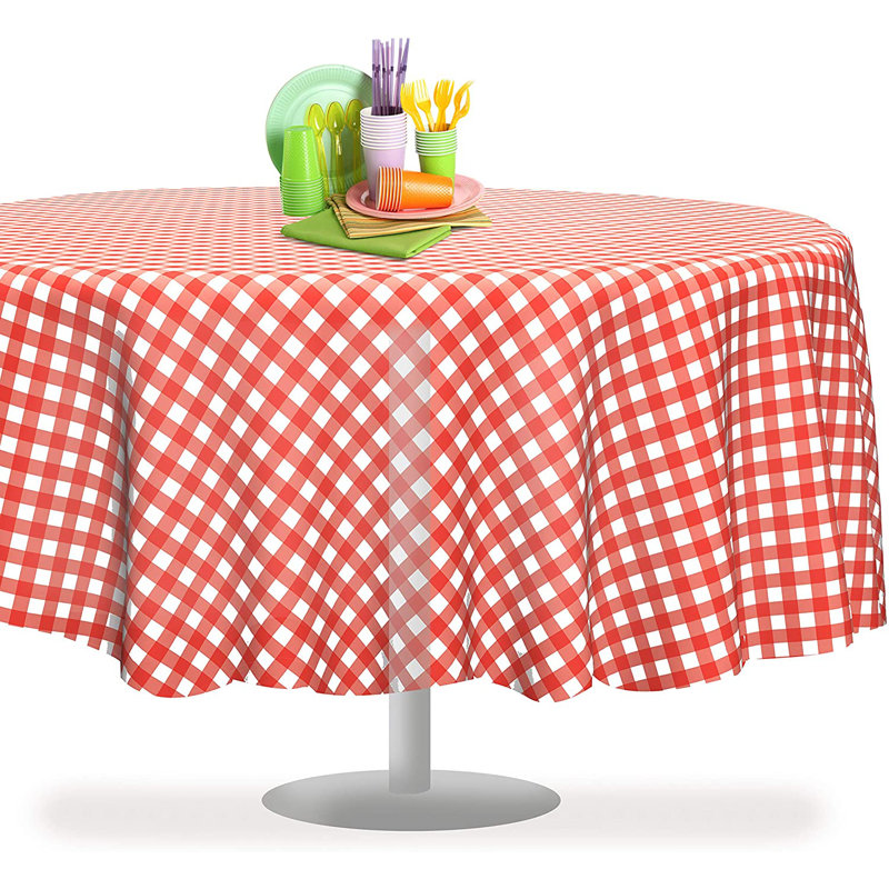 Red Gingham Checkered 84" Round Plastic Tablecloth Set