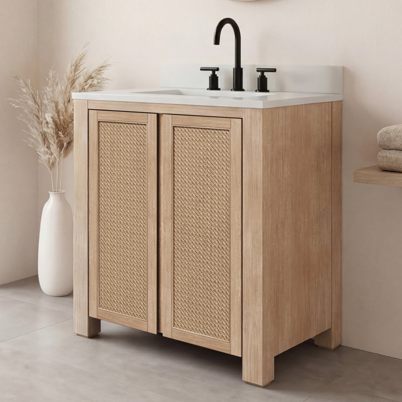 Meuble-lavabo simple autoportant Canio de 30 po avec comptoir en marbre reconstitué et lavabo en céramique blanche, 30"