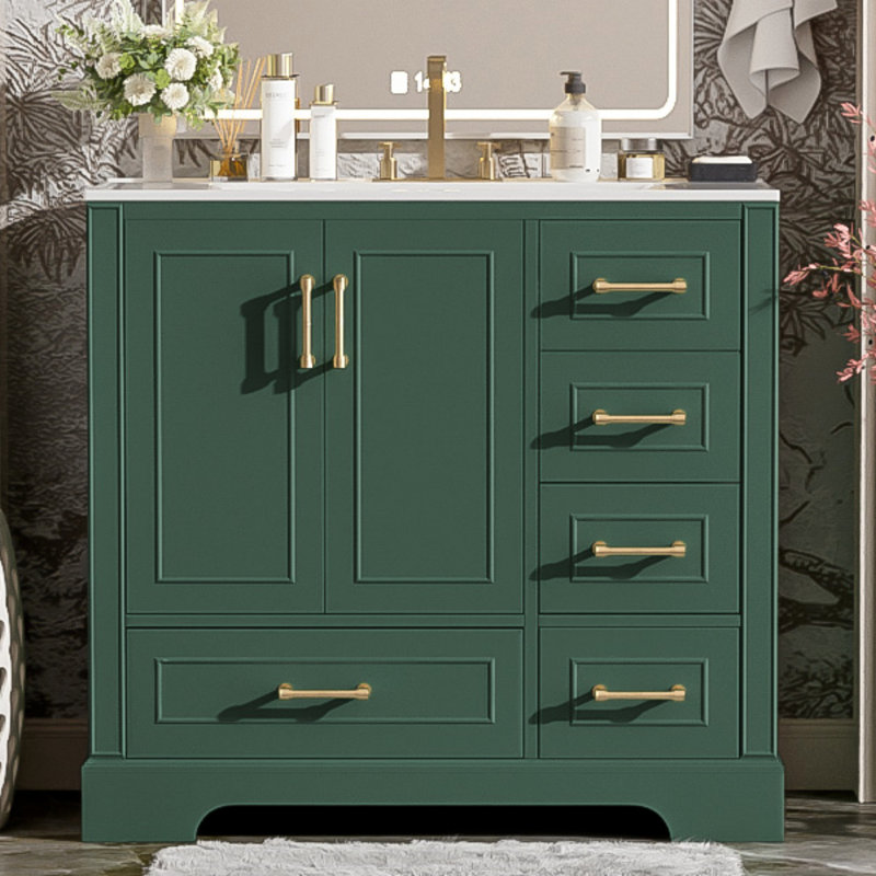 Ensemble de meuble-lavabo traditionnel 36 po avec lavabo en résine, armoire de salle de bain verte avec deux portes et quatre tiroirs