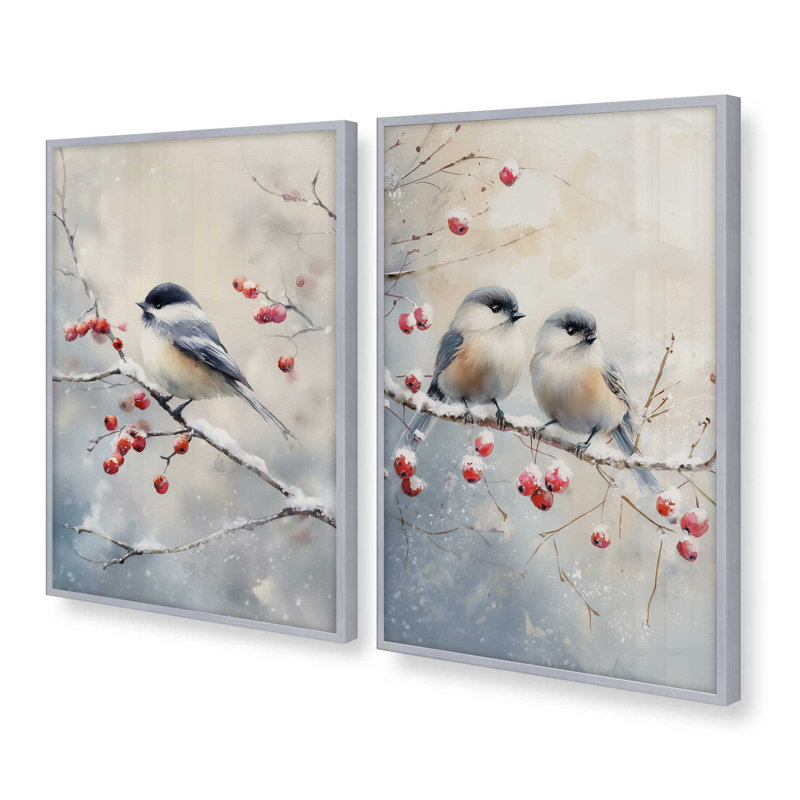 Winter Birdbirds, ensemble de 2 reproductions d'art, H 17,5 po x l 27 po, Polished Chrome