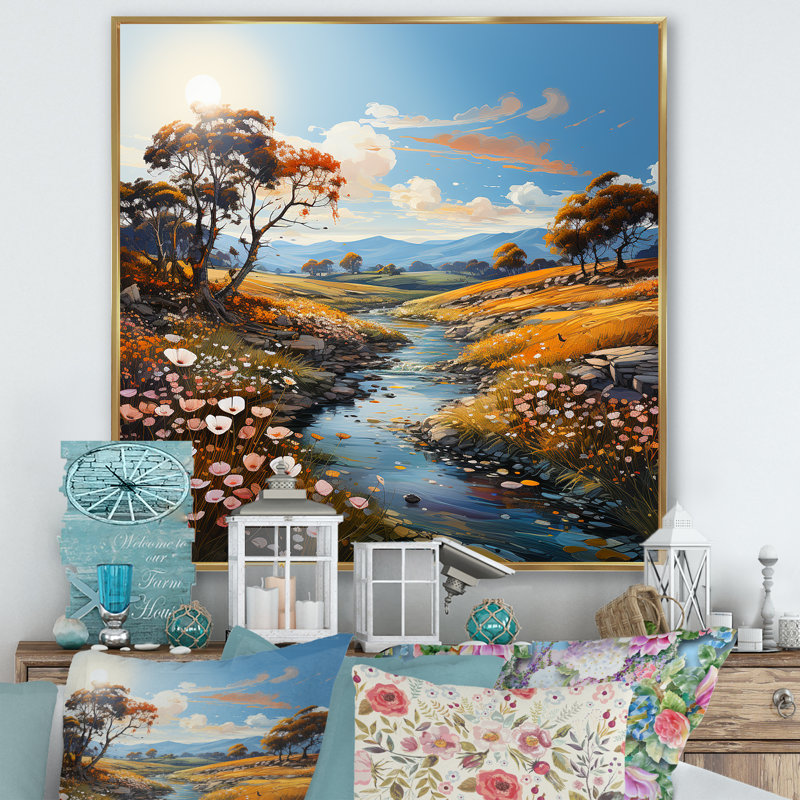«River Meadow Charm», art liquide I, H 24 po x l 24 po x P 1 po, Cadre flottant doré