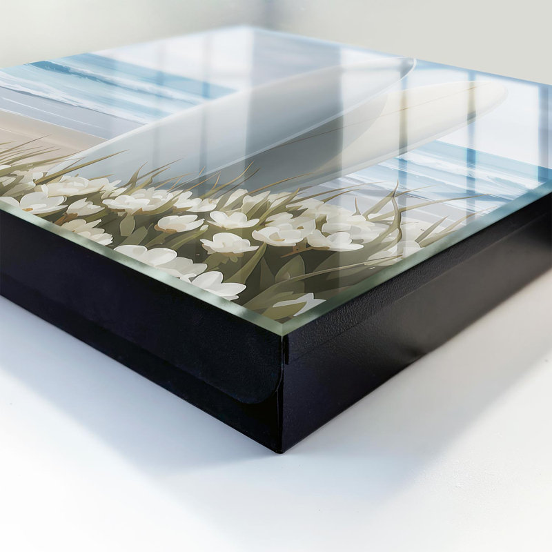 Key box for home, Opens to the right, 30x30x5, Black, Surfboards on a flowering beach, 