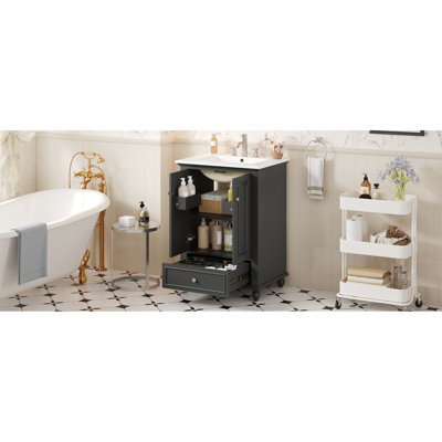 24.4'' Deep Vanity With 24'' Ceramic Sink, Adjustable Shelf, Soft - Close Doors, And Organized Storage Interior Modern Bathroom Rectangular Solid Wood Legs,