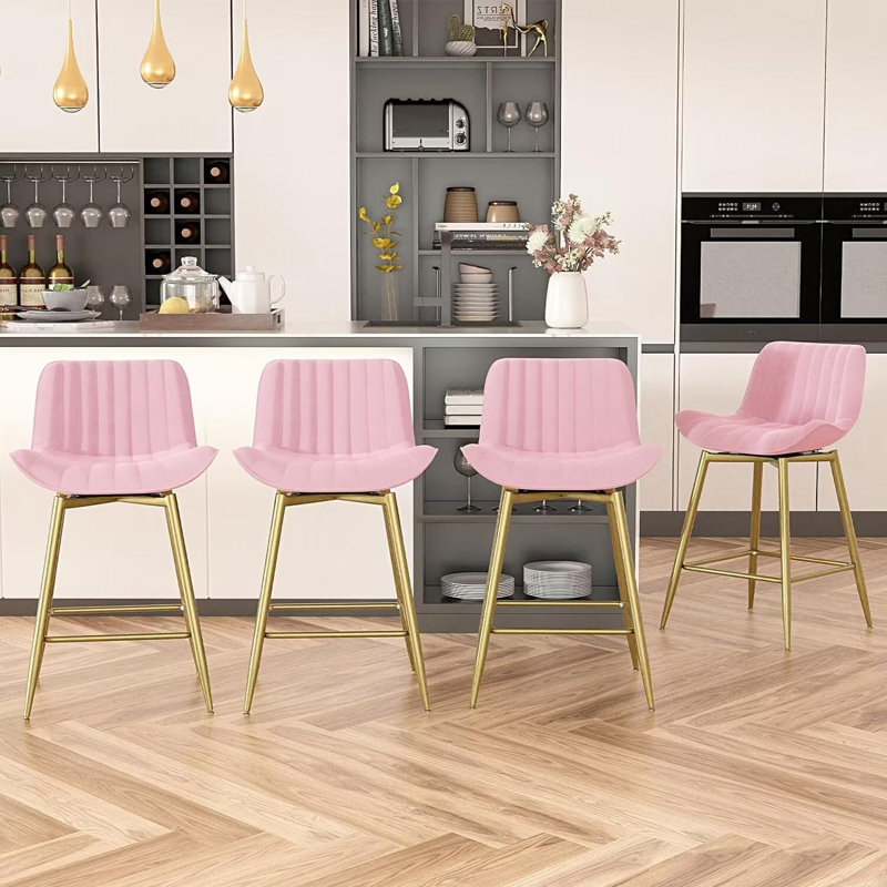 Laquasha Swivel 24'' Counter Stool, Pink Leather/Gold Frame, 4