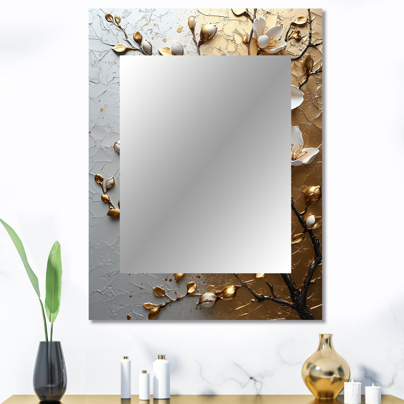 Branche de cerisier blanc or blanc - miroir décoratif fleur de cerisier, miroir mural traditionnel, impression d'art en métal