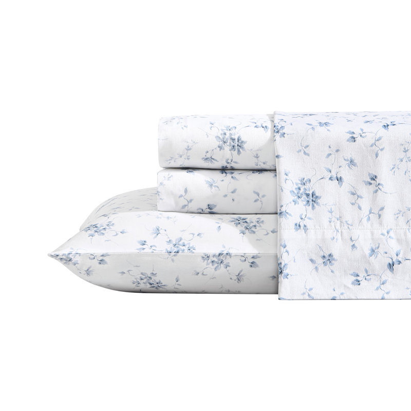 Laura Ashley Sateen Cotton Printed Sheet Sets, Queen Sheet Set with 2 Pillowcases, Garden Muse Blue