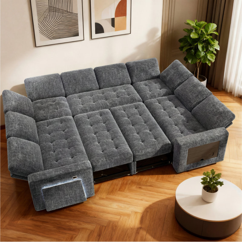 102Inch U-Shaped 8-Seater Sleeper Sofa, Chenille Fabric, Adjustable Backrest 100°-160°, Pull-Out Beds & Storage, Usb Charging, Led Night Light, Foldable Side Table, Tool-Free Assembly