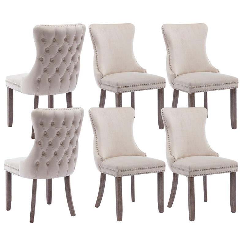 Beige Velvet Tufted Upholstered Side Chairs with Nailhead Trim, Set of 6