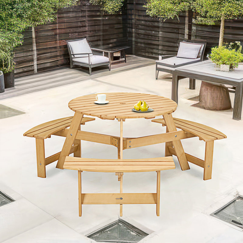 Outdoor 6 Person Picnic Table, 6 Person Round Picnic Table With 3 Built-In Benches, Natural