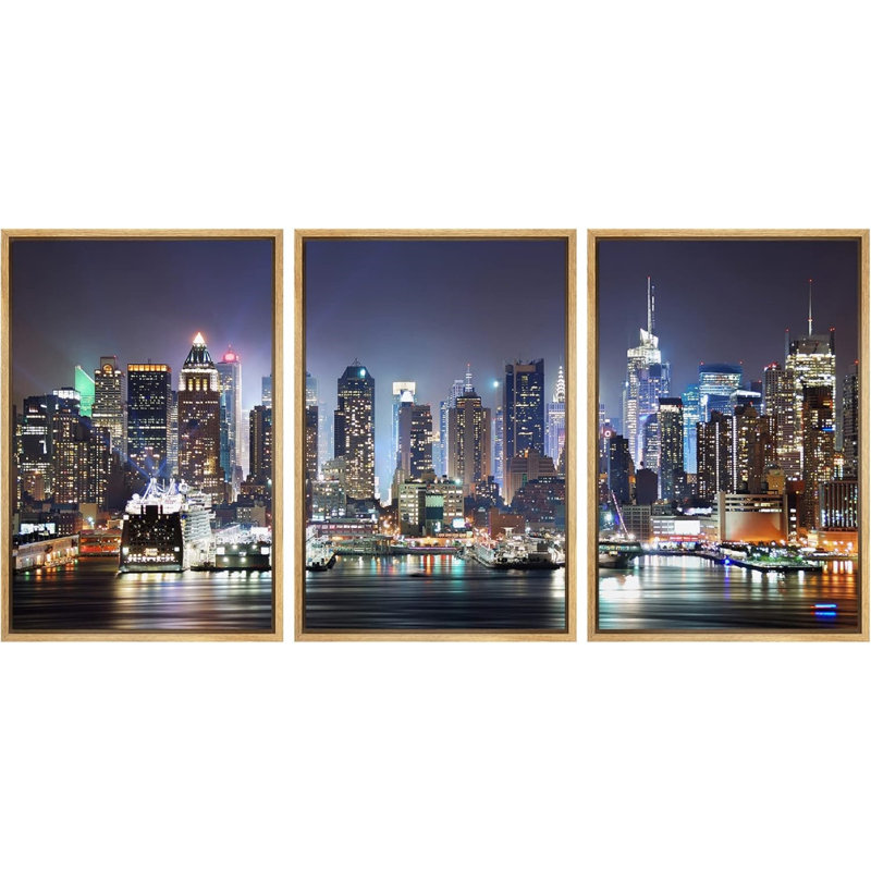 «Architecture Building New York City Skyline Night», reproduction d'art moderne sur toile, 3 pièces, H 24 po x l 48 po