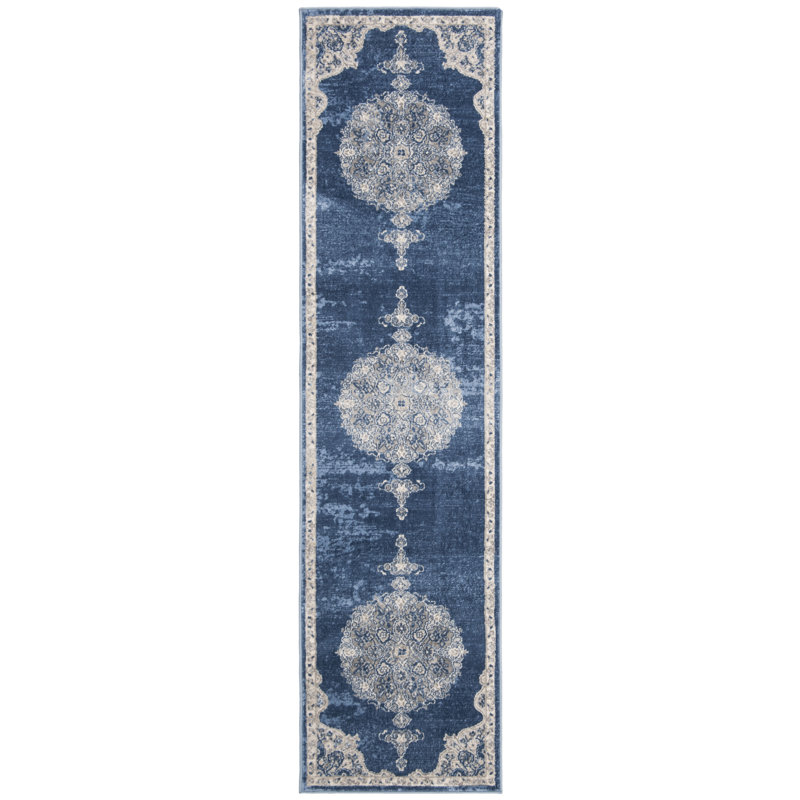 Tapis bleu marine / gris clair Barcus, Tapis de couloir 2 pi x 12 pi