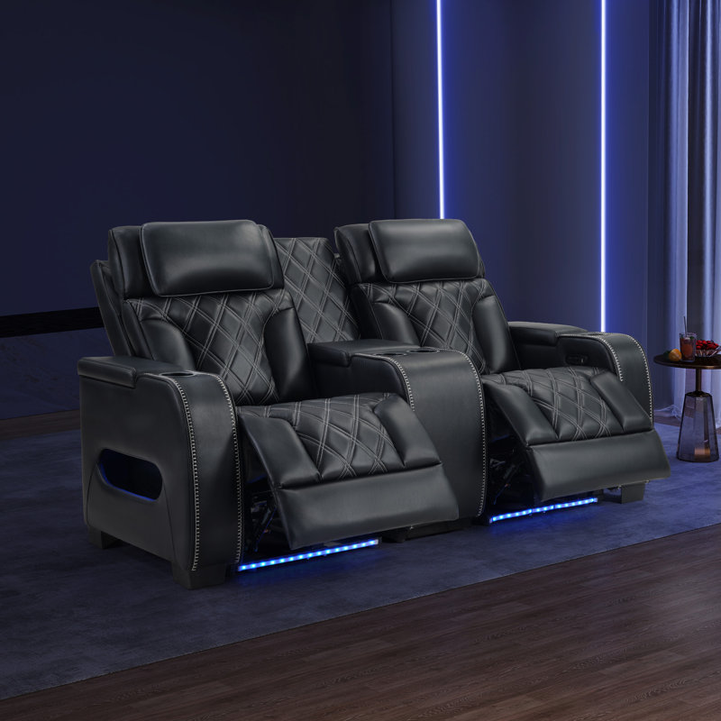 73" Wide Top Leather Power Reclining Loveseat With Adjustable Headrest And Ambient Arm Lighting, Black