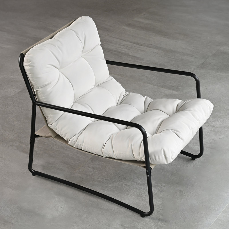 Patio Accent Chair, Modern Metal Outdoor Lounge Chair, Comfy Outdoor Accent Chair with Padded Seat, All Weather Outdoor Patio Chair for Living Room, Apartment, Bedroom, Poolside, Off-White
