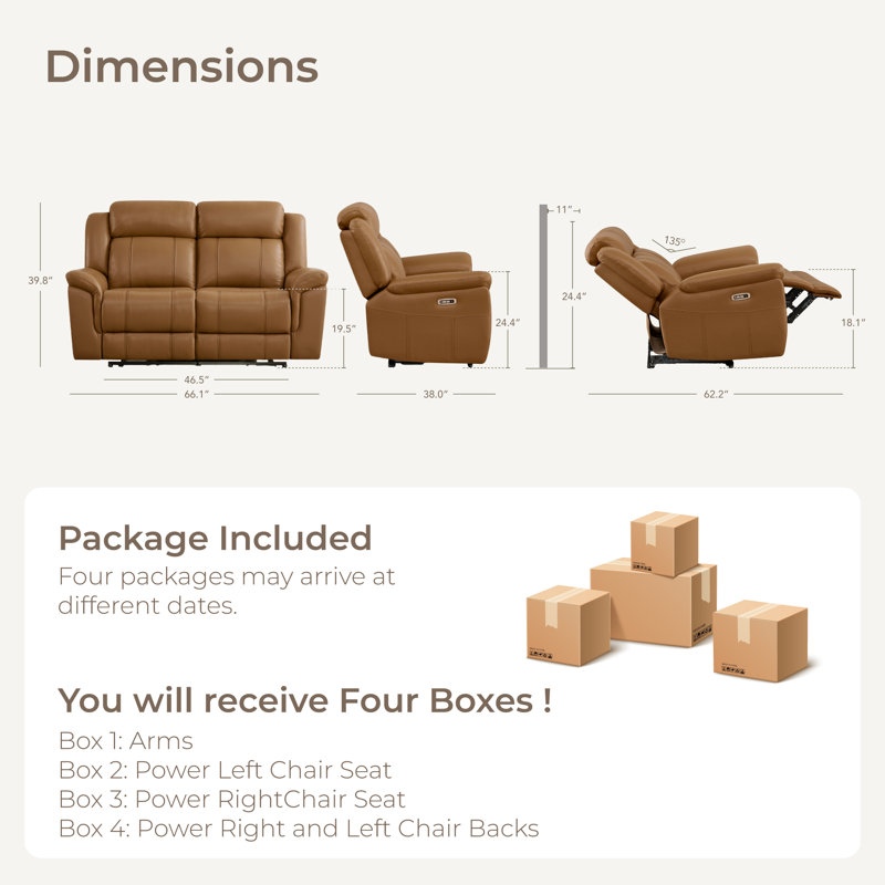 2-Seat Dual Motor zero clearence recliner Genuine Leather Power Recliner Sofa With Power Headrest, Saddle