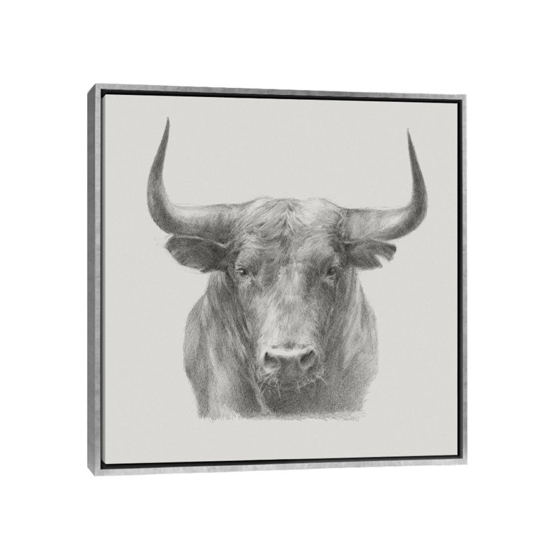 «Black Bull» par Ethan Harper - dessin, reproduction, H 37 po x l 37 po x P 1,5 po, Toile avec cadre argenté, Pas de tapis