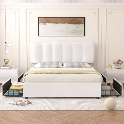 Cahlin Full Storage Bed Frame Velvet Upholstered Platform Bed with 4 Storage Drawer, Adjustable Headboard and Wood Slat Support, White