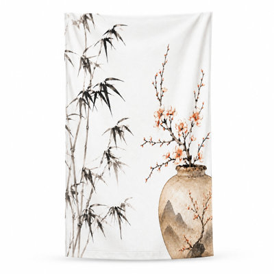 1Pcs Bamboo Vase Beach Towel, featuring elegant ink wash painting of stalks and a delicate with blooming branches, perfect for, pool, travel, unisex.