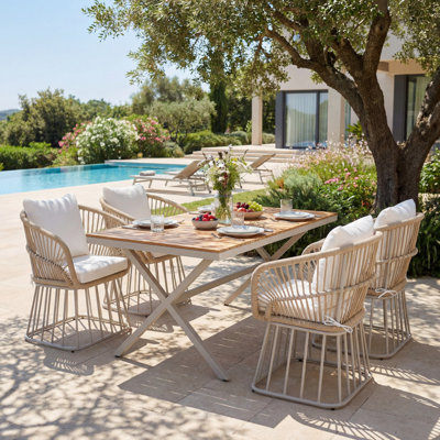 Ensemble de salle à manger 5 pièces pour 4 personnes en teck et osier, table rectangulaire en bois de teck massif avec 4 chaises rembourrées en osier et structure en acier beige pour terrasse de jardin